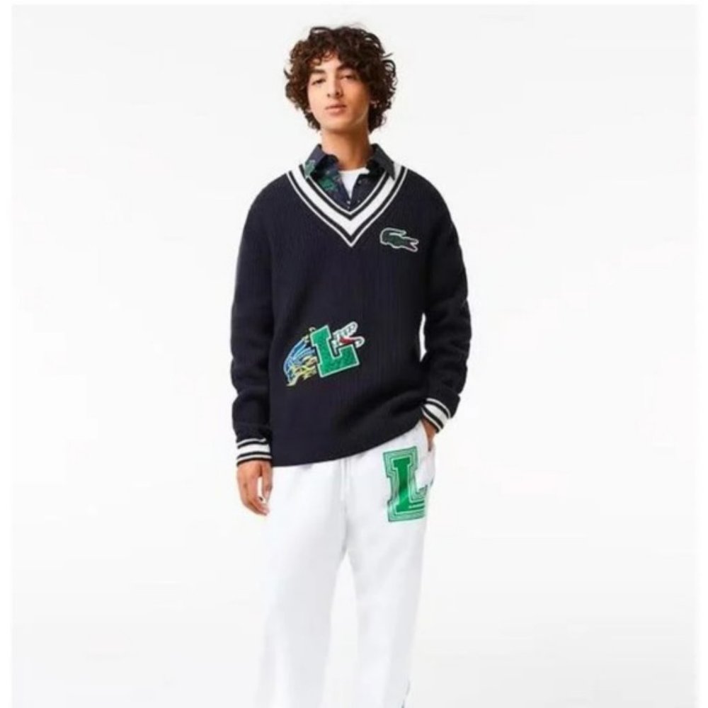 New Lacoste Comic Badge Striped V Neck 💯 Wool Sweater Mens XL Navy